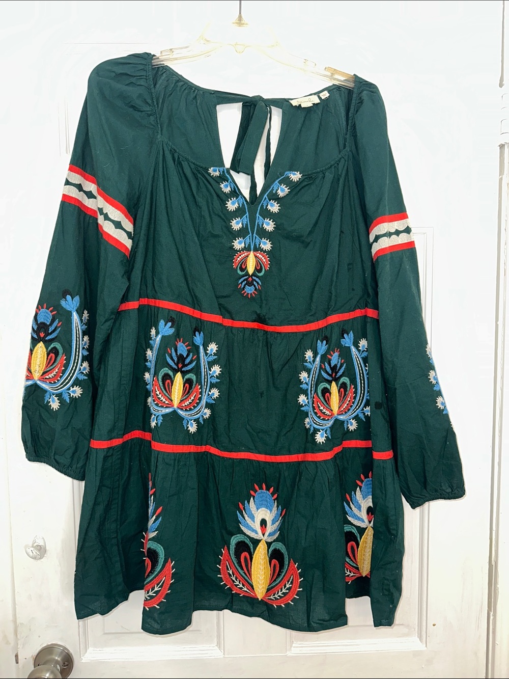 Anthropologie Let me Be womens green embroidered Long Sleeves Tunic mini drees